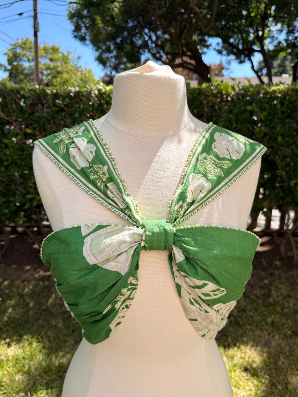 NWT FARM Rio Green Lace Monsteras Beaded Crop Top XL, Linen Beach Resort Boho